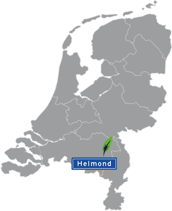 Grijze kaart van Nederland met Helmond aangegeven voor maatwerk taalcursus Engels zakelijk - blauw plaatsnaambord met witte letters en Dagnall veer - transparante achtergrond - 600 * 733 pixels
